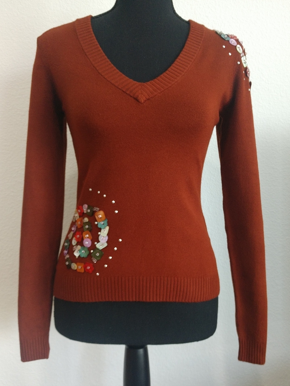 Women's Rust V-Neck Sweater with Sequin Accent